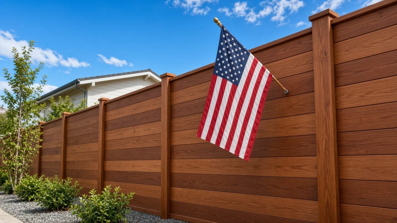 Split rail: split rail fence and an American flag