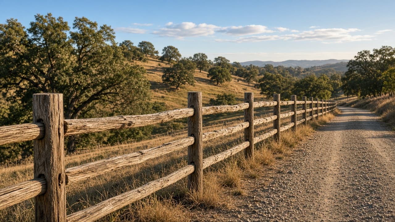 Split rail: two-rail split rail fence through tall grass on a ranch