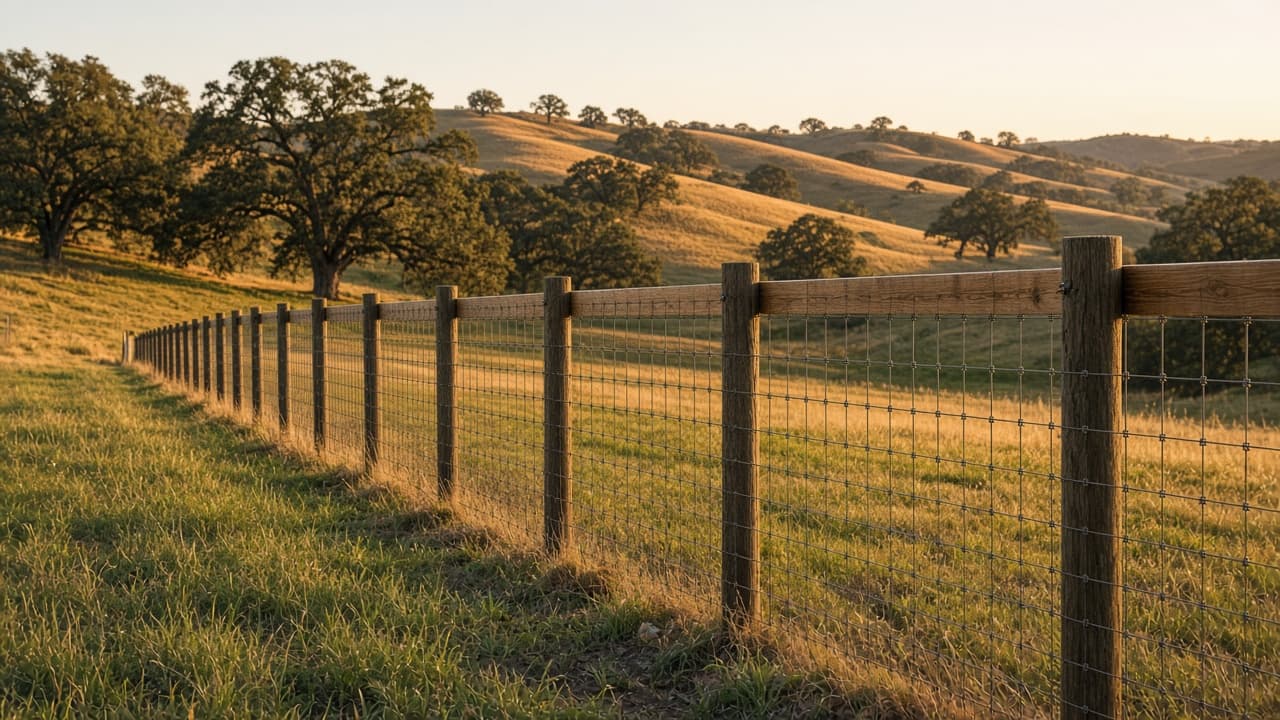 Wire: woven wire field fence with a gate across a green pasture