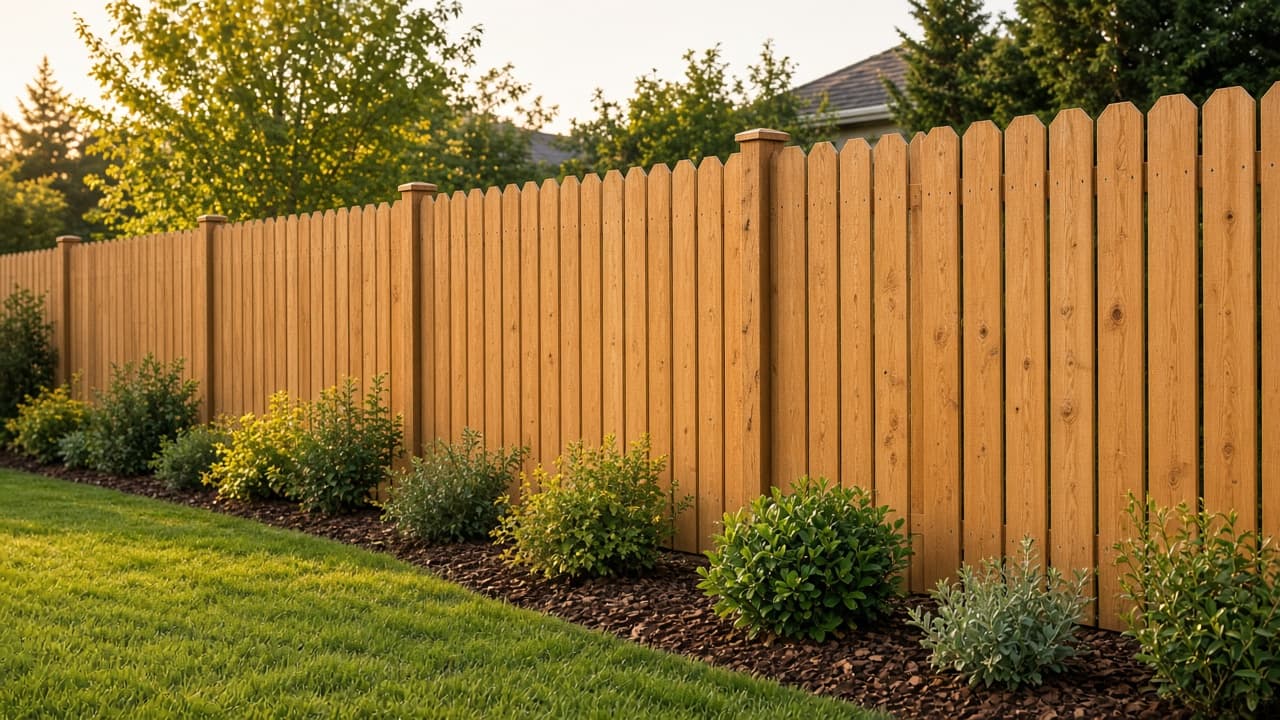 Dog-ear privacy: light natural dog-ear wood privacy fence along a side yard with a gate