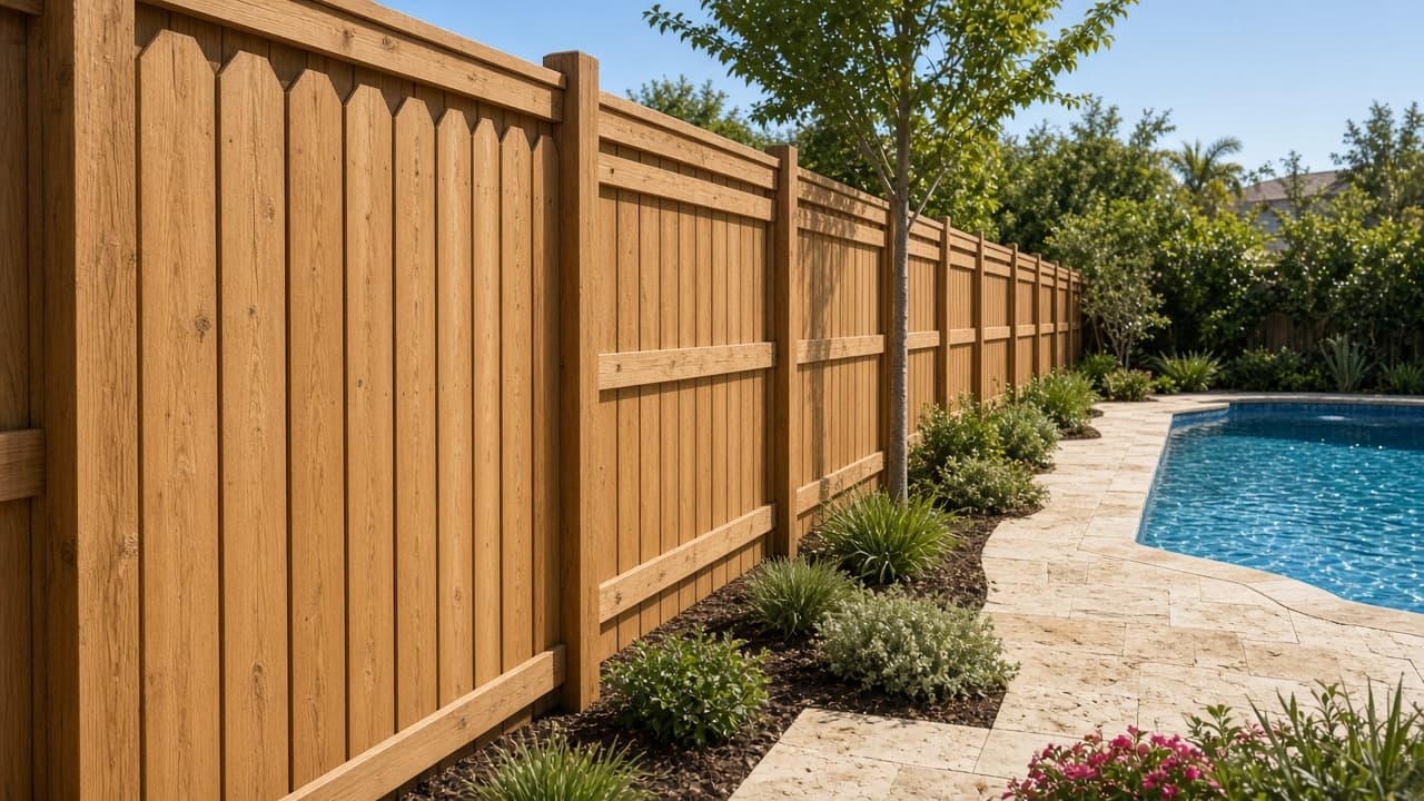 Good neighbor: horizontal-board wood fence with boards alternating on the rails, beside a pool