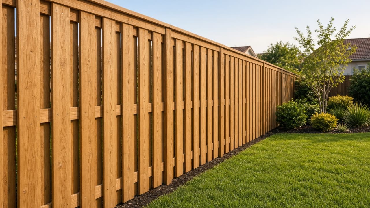 Shadowbox: wood fence with boards alternating on the rails