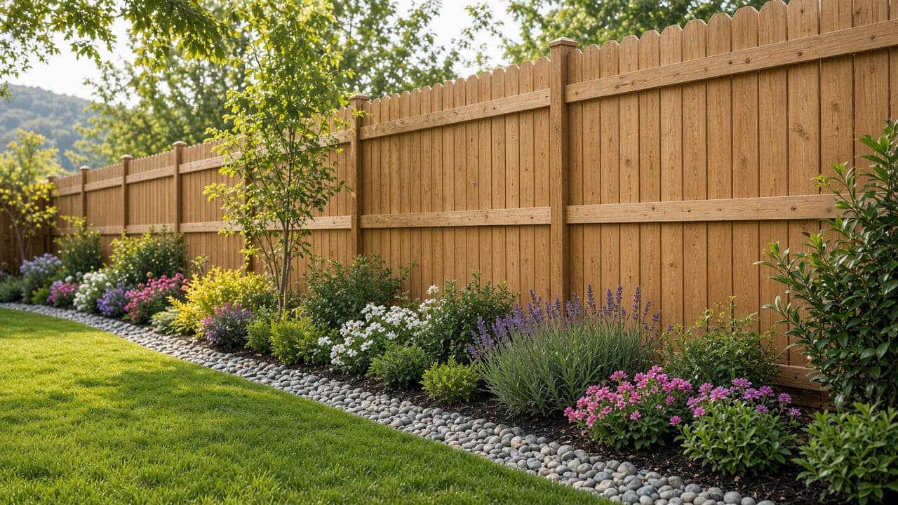 Cross buck: white cross buck vinyl fence curving toward a farmhouse
