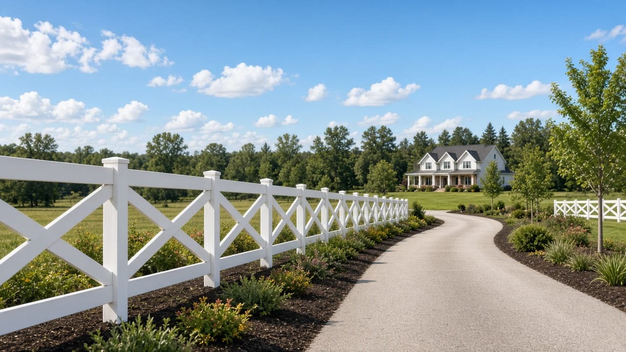 Driveway gate: wood and metal driveway gate between stone pillars