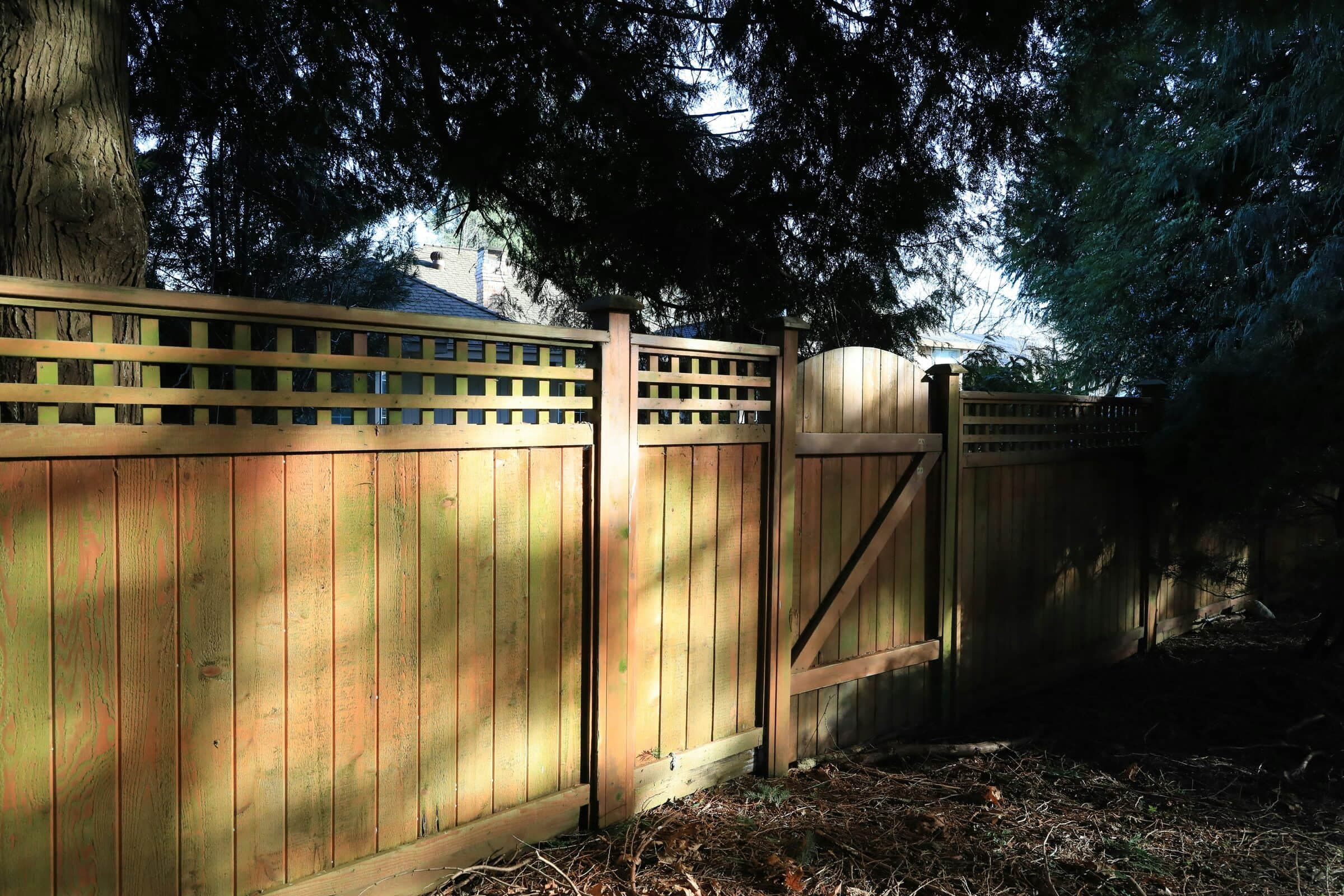 Cedar privacy: Lattice top on a stained cedar privacy fence with framed posts and a matching arched walk gate