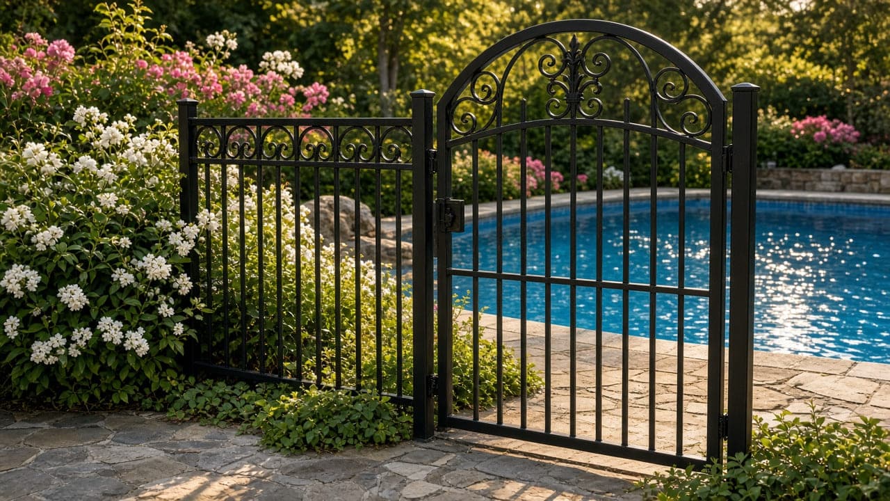 Dog-ear privacy: dog-ear wood privacy fence with flowers and river rock