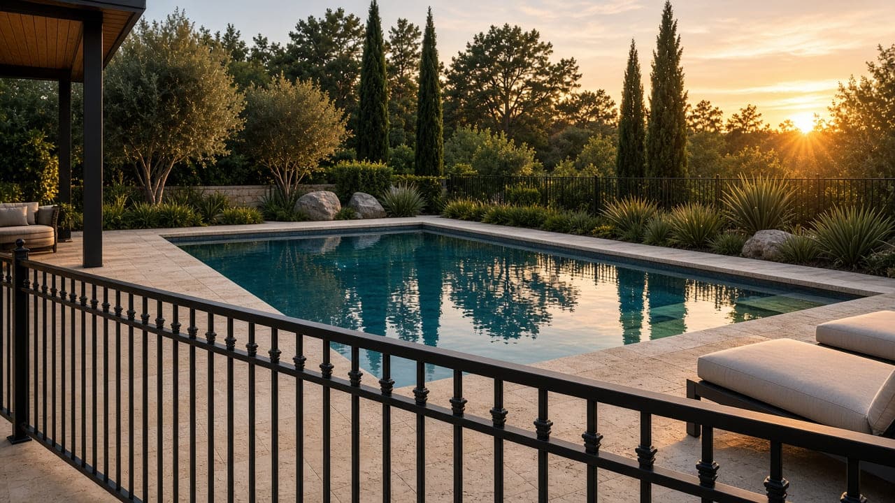 Good neighbor: two-rail wood fence beside a swimming pool